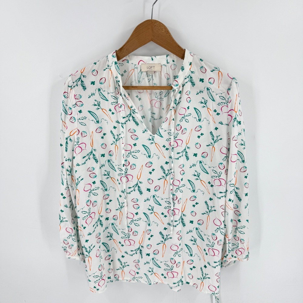 LOFT Outlet Vegetable Print Tie Neck Blouse White Medium Cottagecore Novelty